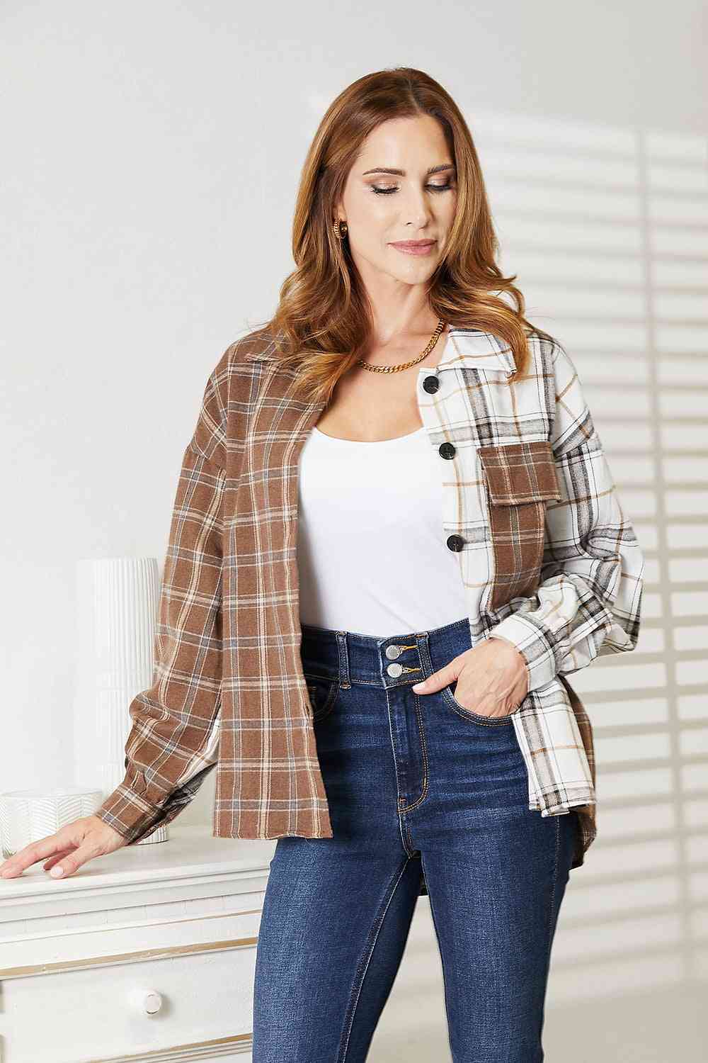 Plaid Contrast Button Up Shirt Jacket *IN STOCK*