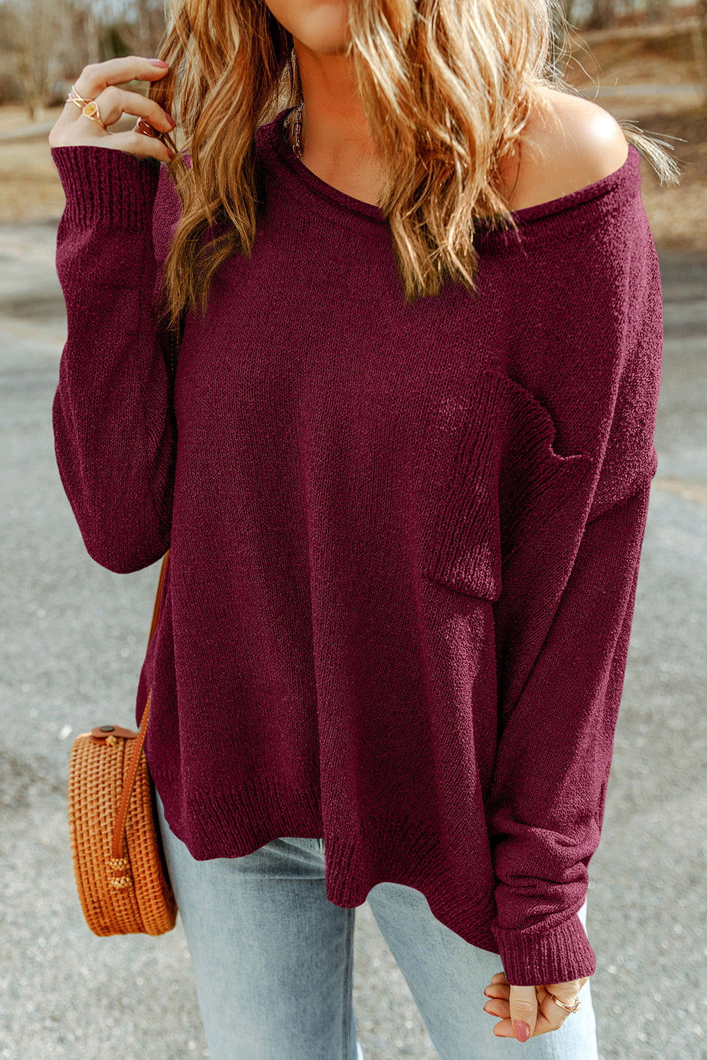 Dropped Shoulder Boat Neck Sweater Pullover with Pocket *IN STOCK*