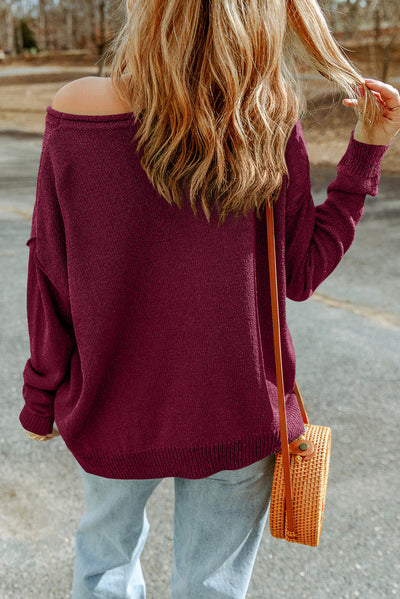 Dropped Shoulder Boat Neck Sweater Pullover with Pocket *IN STOCK*