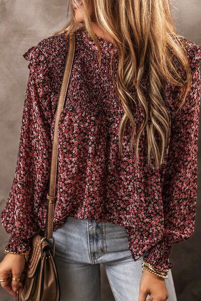 Ruffled Floral Waffle-Knit Blouse