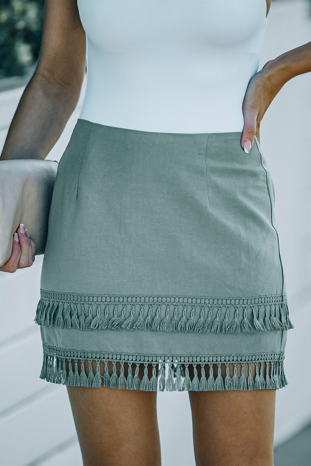 Zip-Back Tassel Hem Skirt