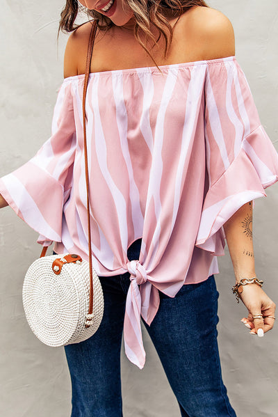 Striped Tie Front Flounce Sleeve Blouse