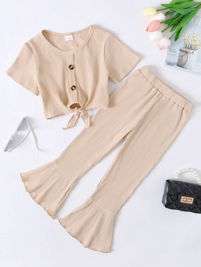 Girls Ribbed Buttoned Top and Flare Pants Set