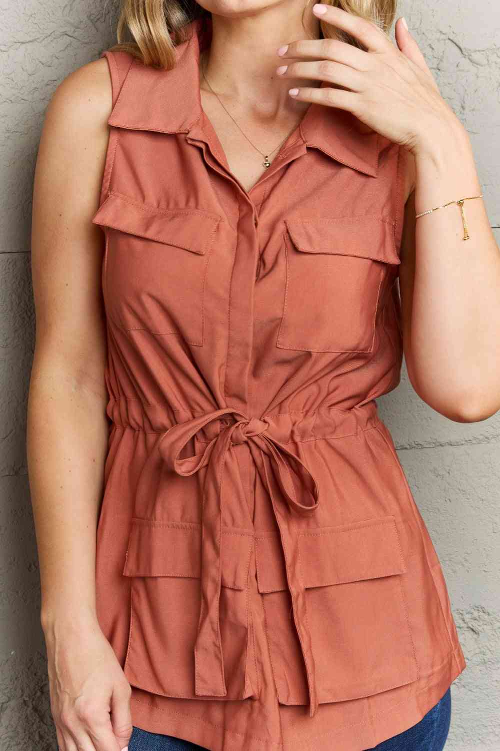 Sleeveless Collared Button Down Top