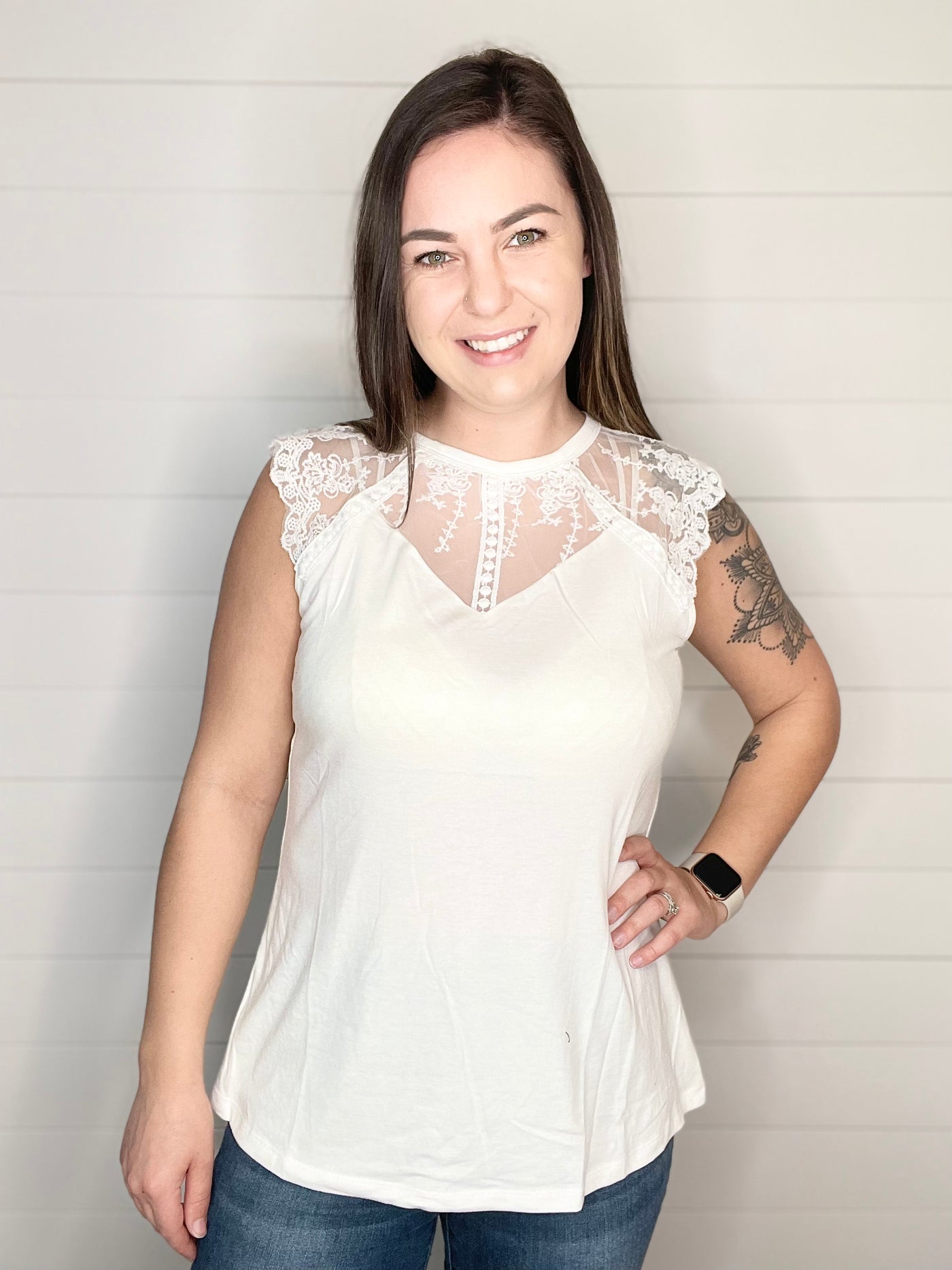 Lace Yoke Round Neck Tank